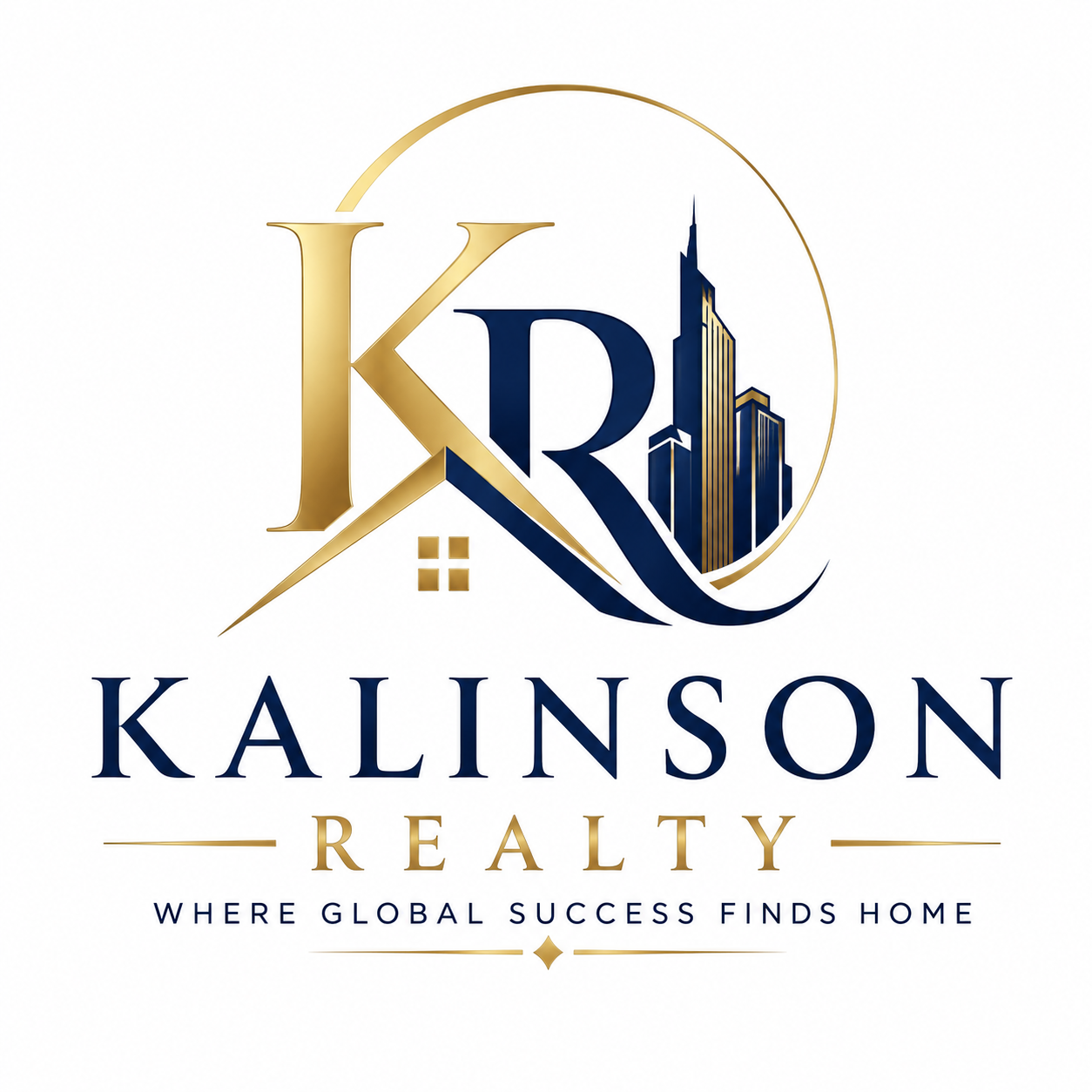 Kalinson Realty logo featuring gold and navy blue KR initials, a luxury skyline design, and the tagline "Where Global Success Finds Home"